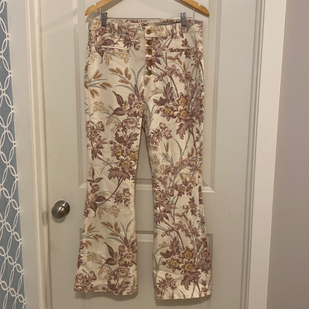 Pilcro and the Letterpress Cream and Brown Flare Pants with Botanical Print
